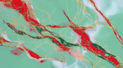 Abstract marble pattern texture with mint, red, and gold accents