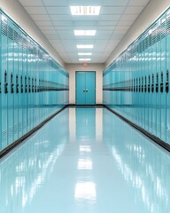 A long school hallway with light blue lockers and a shiny floor
