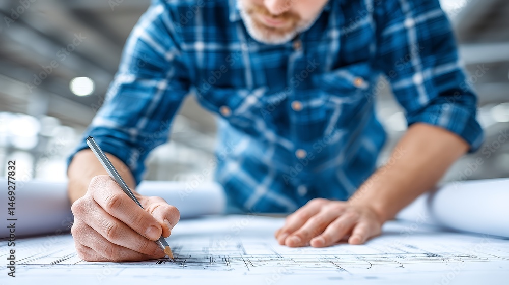 Poster architect designing innovative spaces - close-up of an architect meticulously drawing blueprints, sy