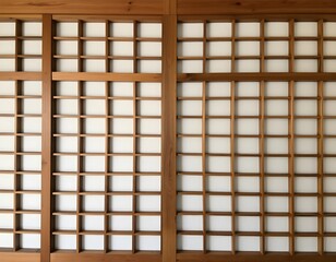 Close-up of a traditional Japanese Shoji screen with a wooden frame and grid pattern.