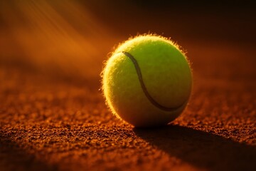 Golden Hour Tennis Ball on Clay Court at Sunset: Vibrant Sports Photography