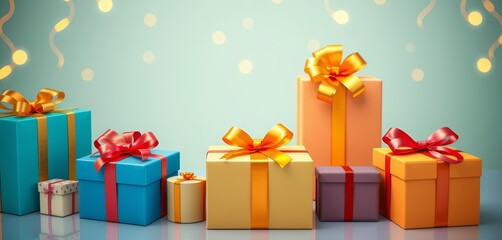 Colorful gift boxes with bright ribbons and bows, modern Christmas packaging ,  bright colors, giftwrap