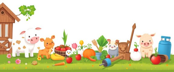 Fototapeta premium Cute cartoon farm animals, vegetables, and tools Plenty of empty space, illustration, white background