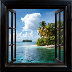 Tropical Island View Through Open Window