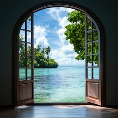 Fototapeta premium Tropical Island View Through Open Window