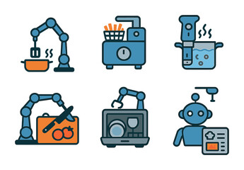 Automation and cooking icons set – flat, digital kitchen and robot assistant symbols