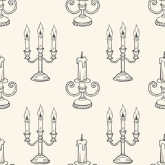 Seamless pattern with hand drawn vintage candelabra with lit candles. Sketch illustration, background.