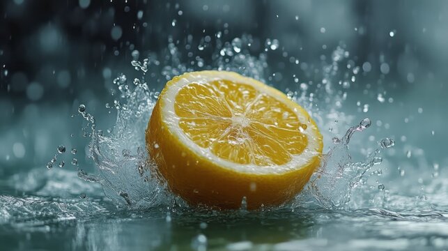 Juicy citrus fruit immersed in water splashes.