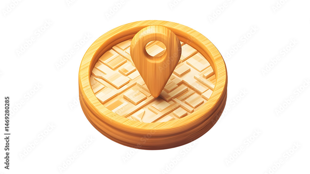 Poster artistic representation of a wooden location pin on a geometric base with a 3d effect