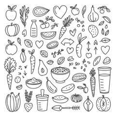 Set of diet themed doodle on white background. Hand drawn abstract doodle isolated on white background.