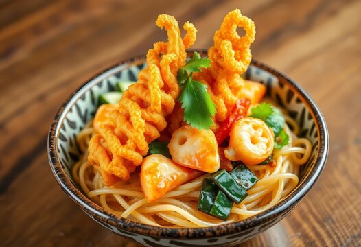 Golden-brown tempura seafood and vegetables atop a bed of udon noodles, stock photo, shrimp