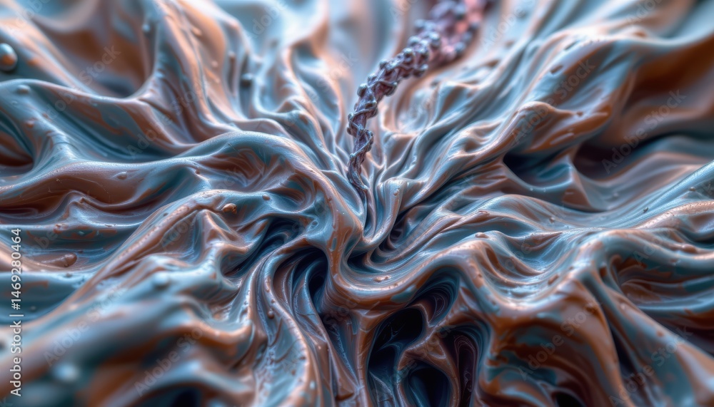 Poster abstract fluid texture with dynamic swirls and shiny surface in rich brown and blue colors