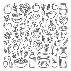 Set of diet themed doodle on white background. Hand drawn abstract doodle isolated on white background.
