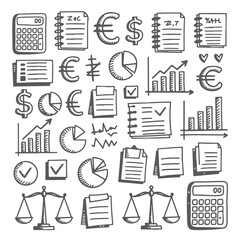 Set of accounting themed doodle on white background. Hand drawn abstract doodle isolated on white background.