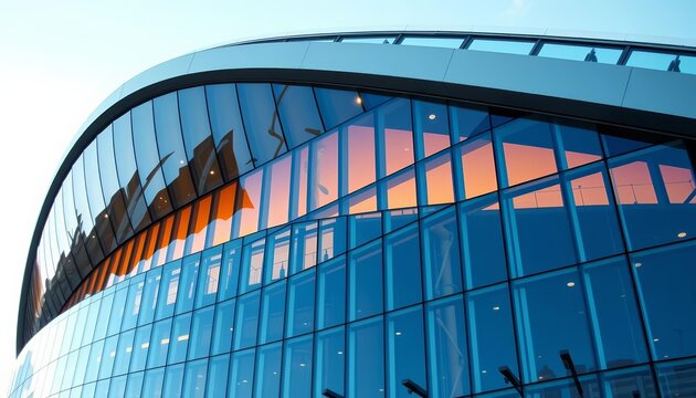 Modern glass building, curved roof, architectural detail, abstract, modern architecture - Powered by Adobe