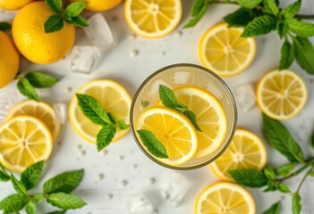 Overhead flat lay of refreshing homemade lemonade with lemon, mint, and ice ,  clean, fresh