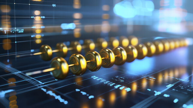 Close up view of digital abacus with golden beads, set against futuristic background of glowing lines and data. image conveys