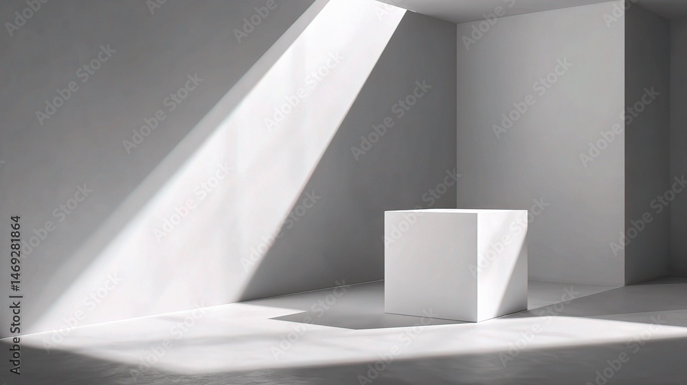 Poster modern white cube geometry with sharp shadows in minimalist space