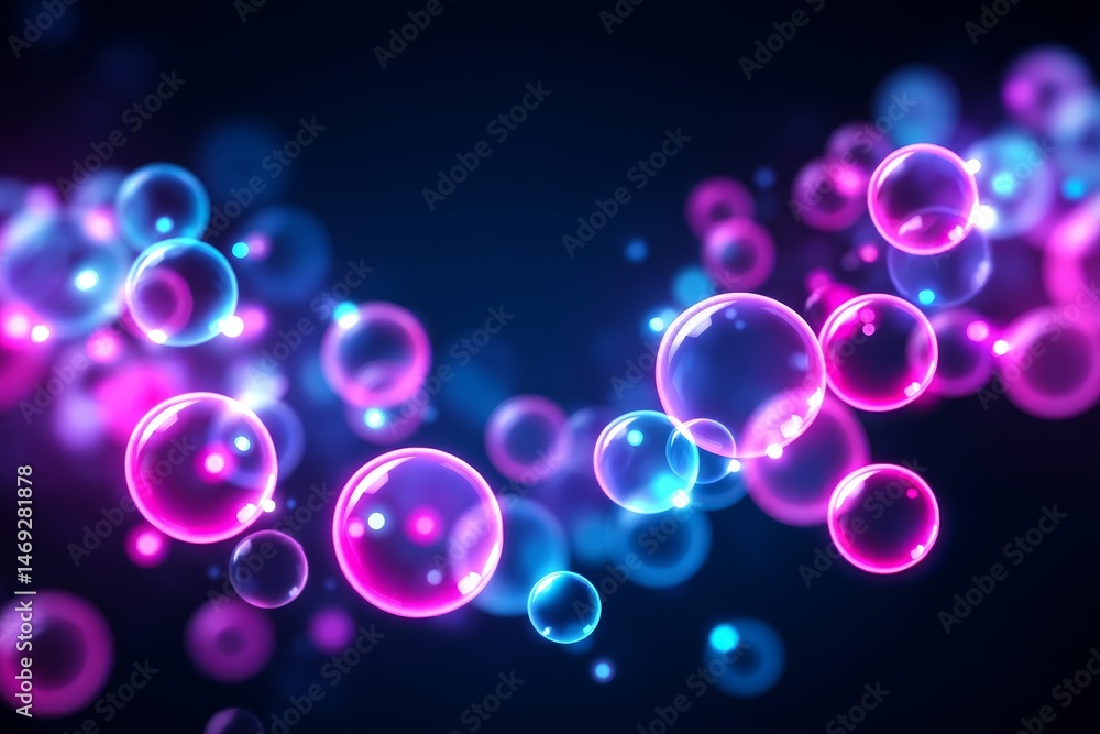 Poster glowing bubbles abstract background - vibrant pink and blue bubbles float on a dark background creat