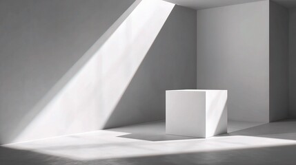 Modern White Cube Geometry with Sharp Shadows in Minimalist Space
