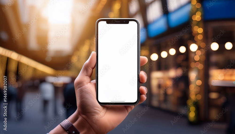 Wall mural hand holding smartphone with blank screen mockup for app or website design perfect for showcasing mo