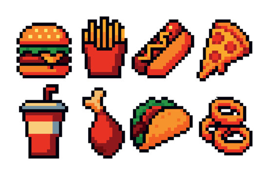 Naklejki Fast food pixel art icons set – burgers, fries, pizza and snack symbols