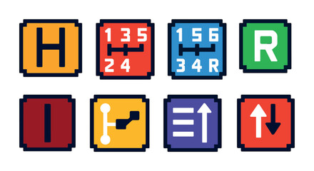 Automotive gear pixel art icons set – transmission, gearbox, vehicle symbols