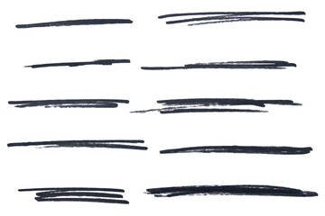 Set of black hand drawn marker pen stroke line transparent background design element doodle scribble underline