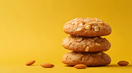Stack of three almond cookies sits against a vivid yellow backdrop.  Scattered almonds are visible near the cookies.