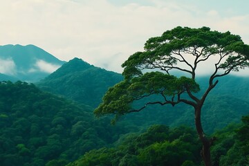 Obraz premium Majestic Tree Stands Tall Over Lush Green Mountain Landscape A Serene View of Nature's Beauty