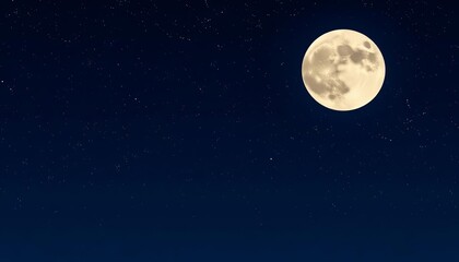 Simple flat design of a full moon with craters against a starry night sky, ample empty space, night sky, graphic