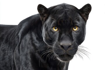 Majestic Black Panther Portrait - Close-up of a black panther, showcasing its intense gaze and sleek black fur against a white background