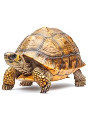 Obraz premium A yellow-footed tortoise with a patterned shell, walking towards the right, isolated on a white background