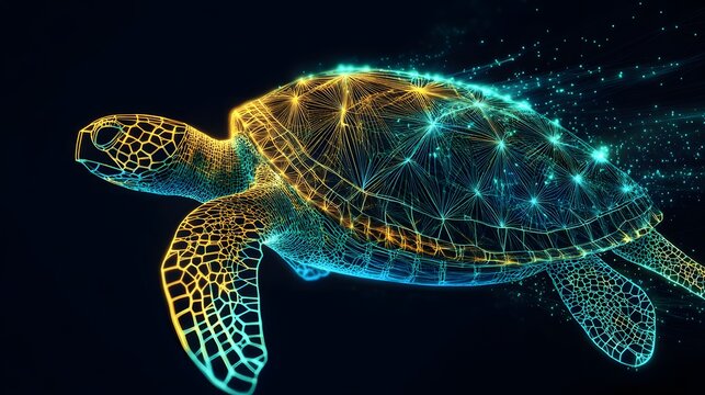 Turtle Shell in Dots: A turtle slowly moving, with its shell's intricate patterns represented by geometric dots and lines, highlighting the texture. 
