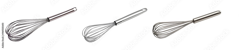 Poster set of metal whisks isolated on transparent background. the image shows the whisks in various angles