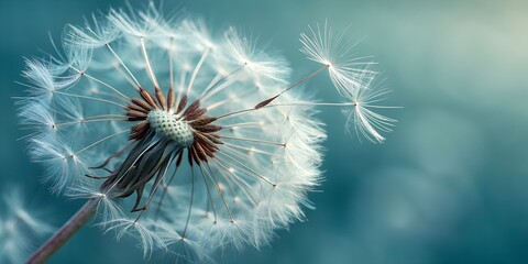 Close-up of Dandelion Seed Head with Seeds Dispersing on Teal Background