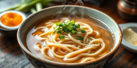 Steaming bowl of udon noodles in rich broth, garnished with green onions, udon,  delicious