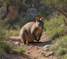 Rock wallaby grazing amongst sparse vegetation, mammal, vegetation, wildness