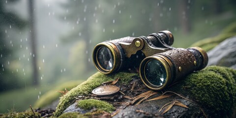 Antique Binoculars Resting on Mossy Log in Rain