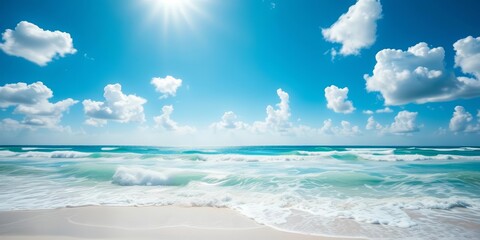 Obraz premium Sun-drenched beach, turquoise waves crashing on white sand under a bright blue sky with fluffy clouds, calm, exterior