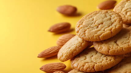 Pile of light brown almond cookies sits atop a vibrant yellow surface, surrounded by scattered almonds.