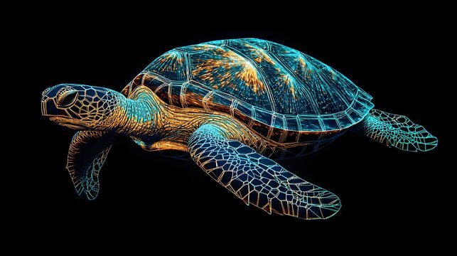 Turtle Shell in Dots: A turtle slowly moving, with its shell's intricate patterns represented by geometric dots and lines, highlighting the texture. 
