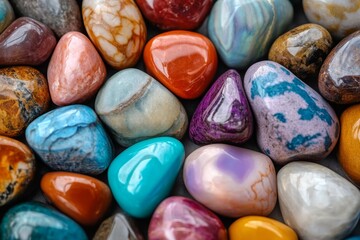 Vibrant, colorful, polished stones.  Close-up of tumbled, various, colorful stones