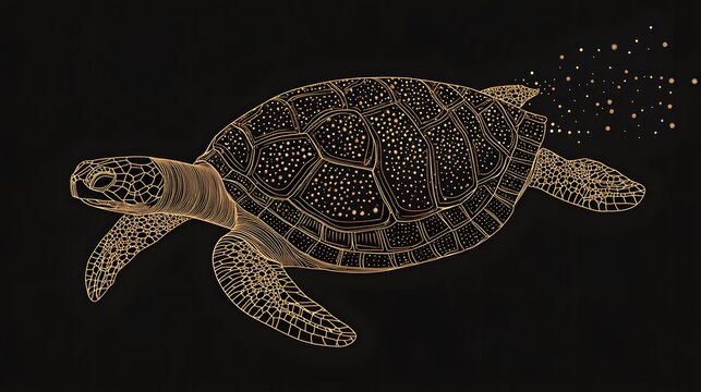 Turtle Shell in Dots: A turtle slowly moving, with its shell's intricate patterns represented by geometric dots and lines, highlighting the texture. 

