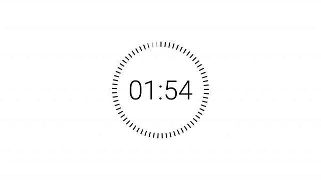 animation of two minutes countdown on transparent background with alpha channel, 2 minutes timer countdown animation, 2 minutes countdown
