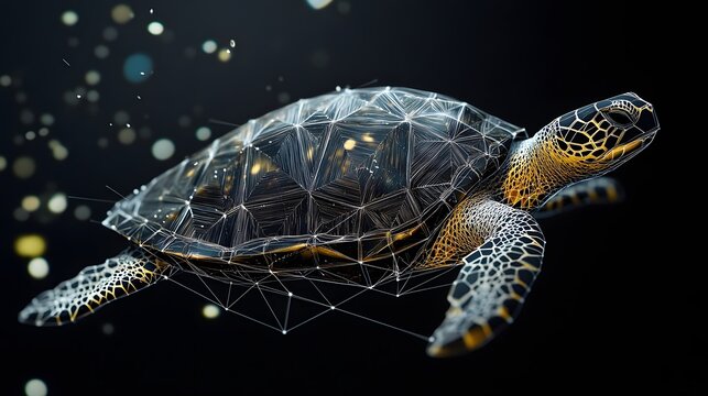 Turtle Shell in Dots: A turtle slowly moving, with its shell's intricate patterns represented by geometric dots and lines, highlighting the texture. 
