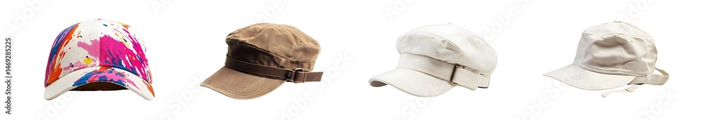 Poster set of distinct hats, different in style and color, presented against a plain background.
