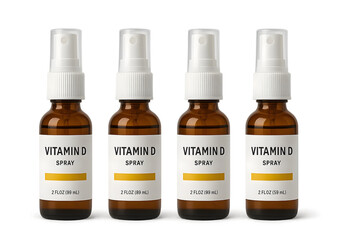 Four brown spray bottles labeled Vitamin D Spray, each containing 2 fl oz (59 mL) of liquid. Concept Vitamin D Spray, Brown Spray Bottles, 2 fl oz, Dietary Supplement, Liquid Vitamin