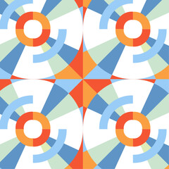 Seamless vector pattern with abstract geometric circles and segments in red, orange, blue and mint. Perfect for textile design, wrapping paper, packaging, branding, wall art, and commercial use.