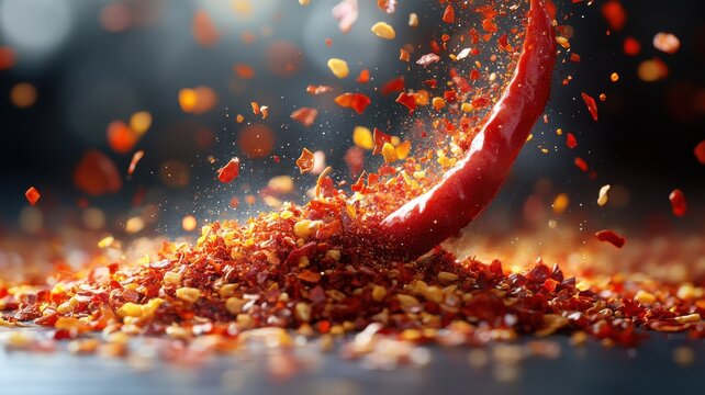 Dynamic Splash of Red Chili Pepper into Fiery Flakes splash chili pepper red chili chili flakes hot
